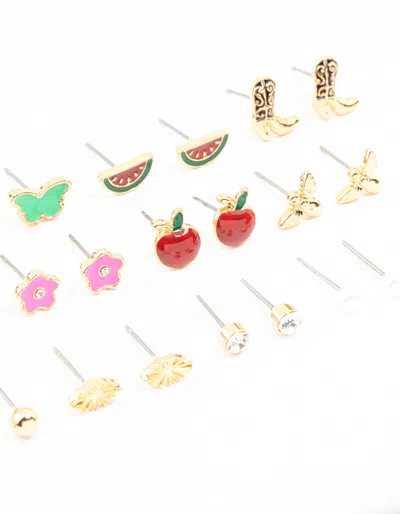 Lovisa Gold Cherry & Boot Stud Earrings Pack 12-pack In Red
