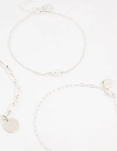Lovisa Silver Pearl Disc Drop Anklets 3-pack In Silver