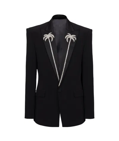 Balmain 1-button Jacket With Embroidered Palm Tree Collar In Black