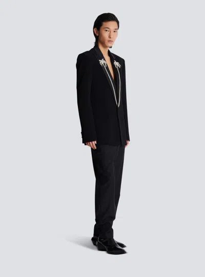Balmain 1-button Jacket With Embroidered Palm Tree Collar In Black