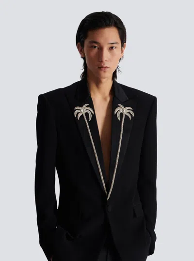 Balmain 1-button Jacket With Embroidered Palm Tree Collar In Black