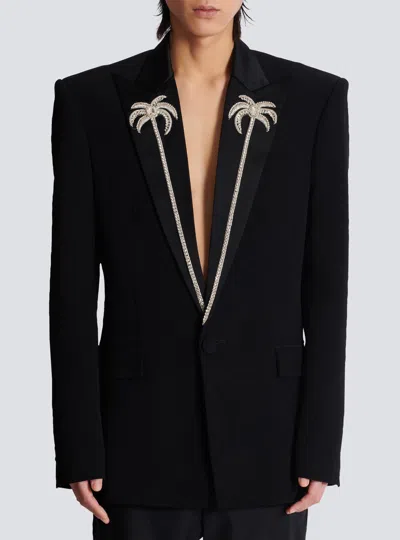 Balmain 1-button Jacket With Embroidered Palm Tree Collar In Black