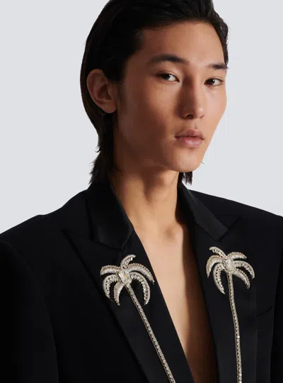 Balmain 1-button Jacket With Embroidered Palm Tree Collar In Black
