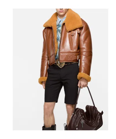Acne Studios Mens Rust Brown Contrast-collar Leather Shearling Biker Jacket In Brown