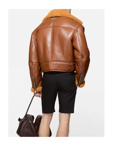 Acne Studios Mens Rust Brown Contrast-collar Leather Shearling Biker Jacket In Brown