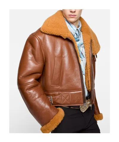 Acne Studios Mens Rust Brown Contrast-collar Leather Shearling Biker Jacket In Brown