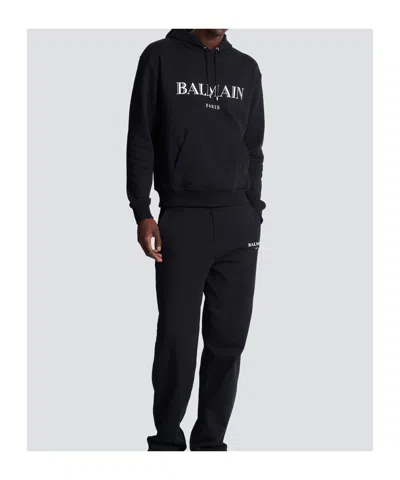 Balmain Logo Printed Drawstring Sweatshirt In Black