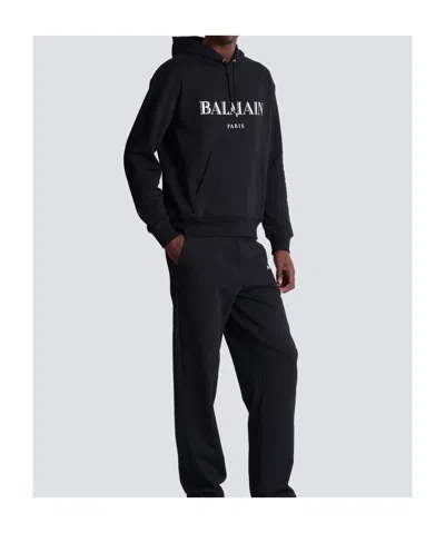 Balmain Logo Printed Drawstring Sweatshirt In Black
