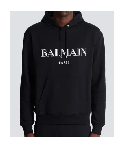 Balmain Logo Printed Drawstring Sweatshirt In Black