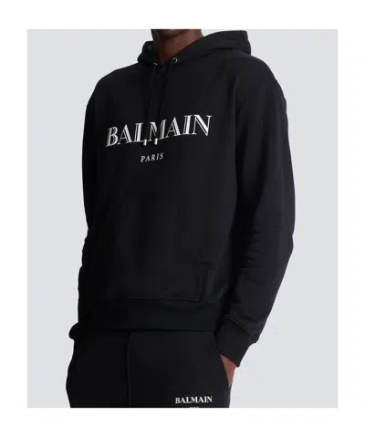 Balmain Logo Printed Drawstring Sweatshirt In Black