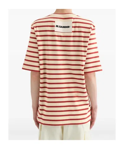 Jil Sander Striped-pattern Logo-patch T-shirt In Red