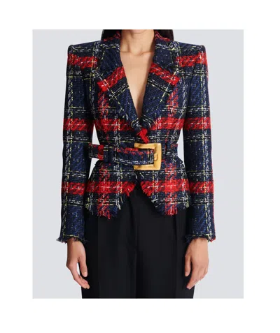 Balmain Belted Plaid Tweed Jacket In Blue