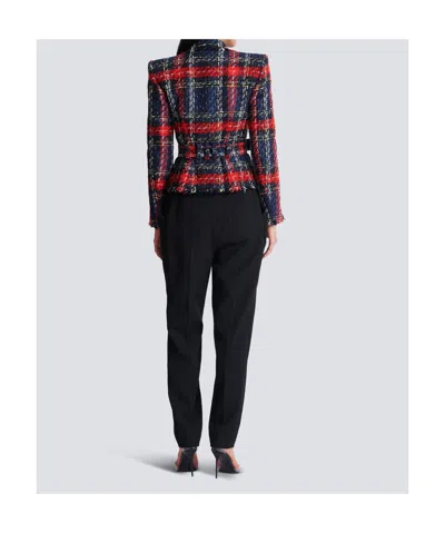 Balmain Belted Plaid Tweed Jacket In Blue