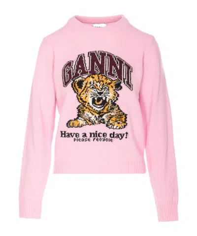 Ganni Graphic Print Long Sleeve Crew Neck Sweater In Pink