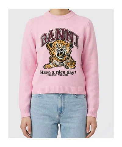 Ganni Graphic Print Long Sleeve Crew Neck Sweater In Pink