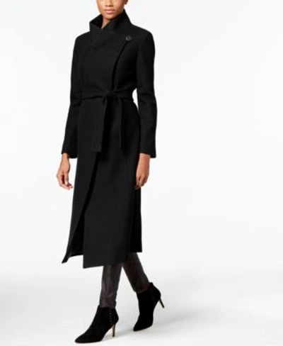 Kenneth Cole Petite Asymmetrical Belted Maxi Coat In Black