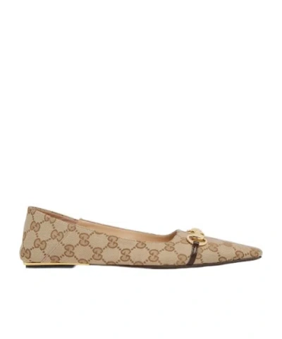 Gucci Vittoria Horsebit-detail Gg-pattern Ballet Flats In Neutral