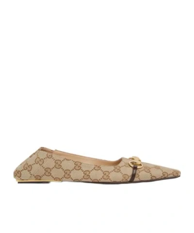 Gucci Vittoria Horsebit-detail Gg-pattern Ballet Flats In Neutral
