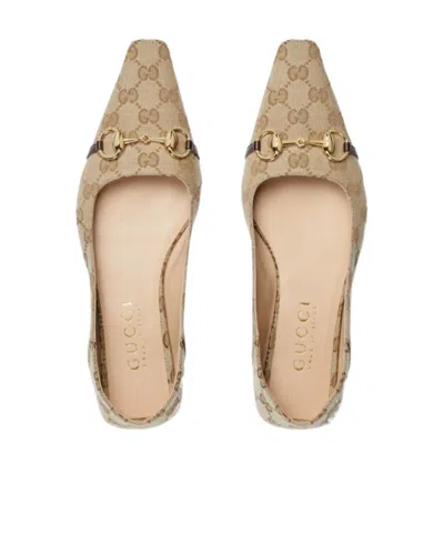 Gucci Vittoria Horsebit-detail Gg-pattern Ballet Flats In Neutral