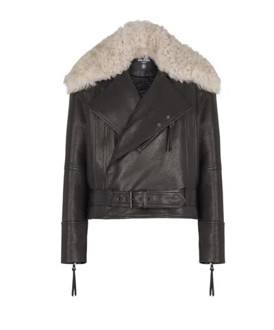 Balmain Leather Jacket With Shearling Collar In Black