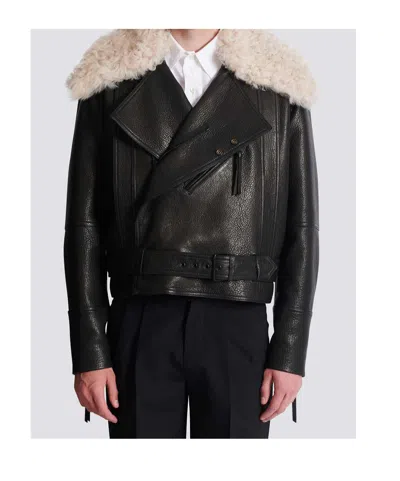 Balmain Leather Jacket With Shearling Collar In Black