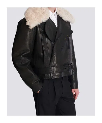 Balmain Leather Jacket With Shearling Collar In Black