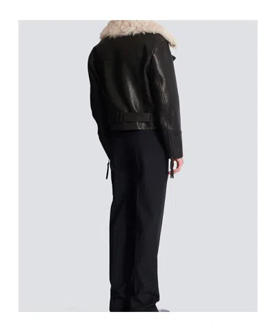 Balmain Leather Jacket With Shearling Collar In Black