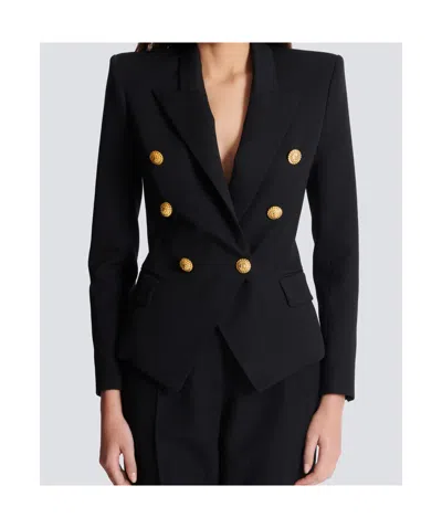 Balmain Women Black Double-breasted Jacket With Branded Buttons And Asymmetric Cut In Wool Woman