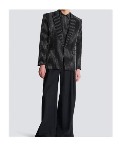 Balmain 1-button Wool Jacket With Crystal Stripes In Black