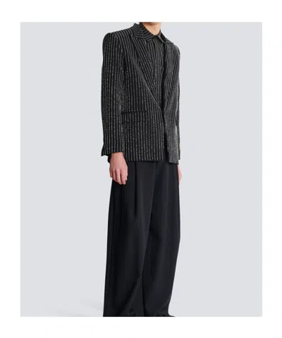 Balmain 1-button Wool Jacket With Crystal Stripes In Black