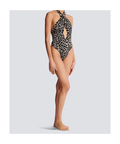 Balmain One-piece Leopard Pattern Swimsuit In Multi