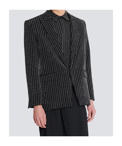 Balmain 1-button Wool Jacket With Crystal Stripes In Black
