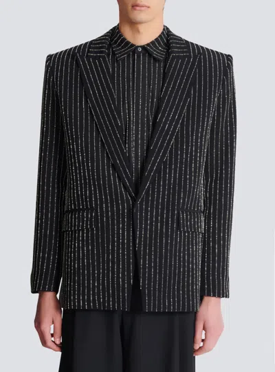 Balmain 1-button Wool Jacket With Crystal Stripes In Black