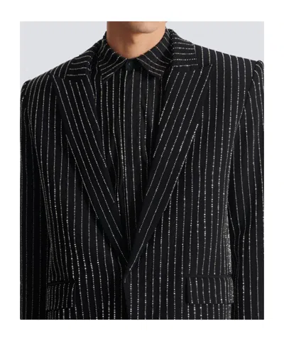Balmain 1-button Wool Jacket With Crystal Stripes In Black