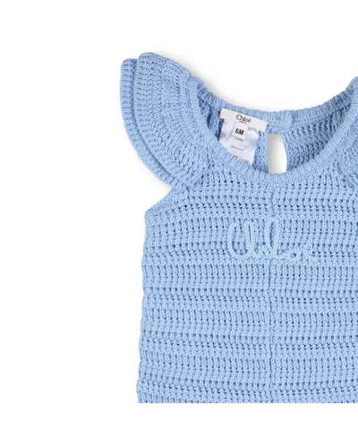 Chloé Light Blue Openwork Romper With Logo Embroidery In Blue