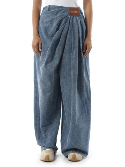 Loewe Leather-trimmed Draped Gathered High-rise Wide-leg Jeans In Blue