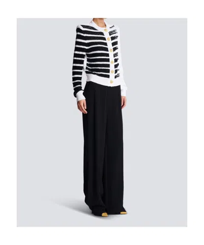 Balmain Makeup Stripe Sequin Cardigan In Black