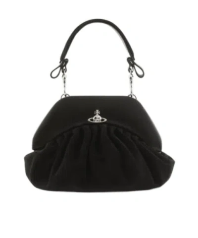 Vivienne Westwood Brooke Black Clutch With Adjustable And Removable Shoulder Strap And Orb Plaque On The Front In Leat