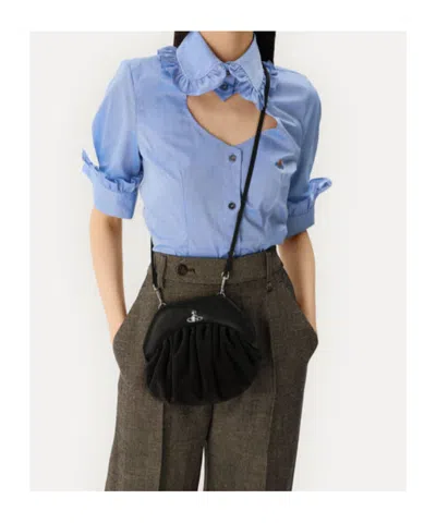 Vivienne Westwood Brooke Black Clutch With Adjustable And Removable Shoulder Strap And Orb Plaque On The Front In Leat
