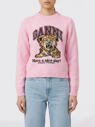 Ganni Graphic Print Long Sleeve Crew Neck Sweater In Pink