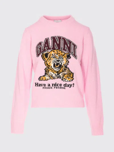 Ganni Graphic Print Long Sleeve Crew Neck Sweater In Pink