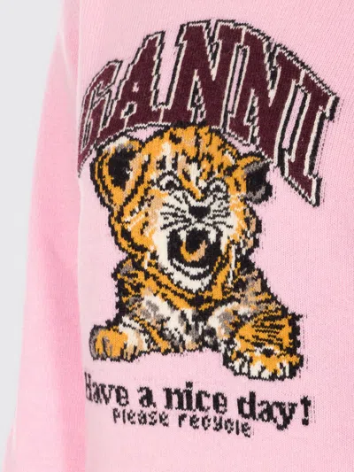 Ganni Graphic Print Long Sleeve Crew Neck Sweater In Pink