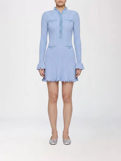 Self-portrait Self Portrait Mini Ribbed Knit Short Dress With Pearl Embellishments In Blue