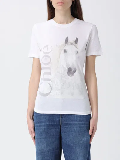 Chloé Cotton Crew Neck Graphic Short Sleeve T-shirt In White