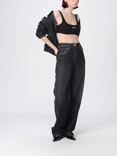 Versace Denim Jacket Elasticated Cuffs Hem Pockets Studs In Black