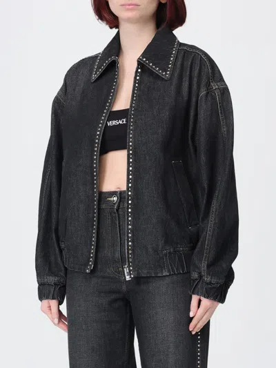 Versace Denim Jacket Elasticated Cuffs Hem Pockets Studs In Black