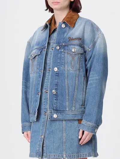 Versace Cotton Denim Jacket Long Sleeves Contrast Collar In Blue