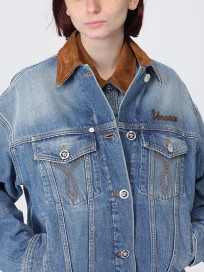 Versace Cotton Denim Jacket Long Sleeves Contrast Collar In Blue