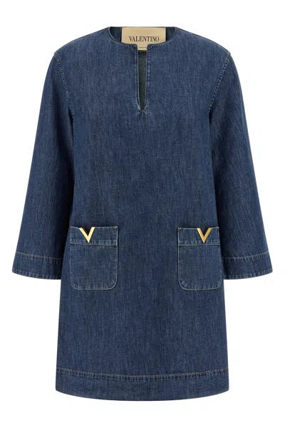 Valentino Vlogo Signature Denim Dress Three Quarter Sleeves In Blue