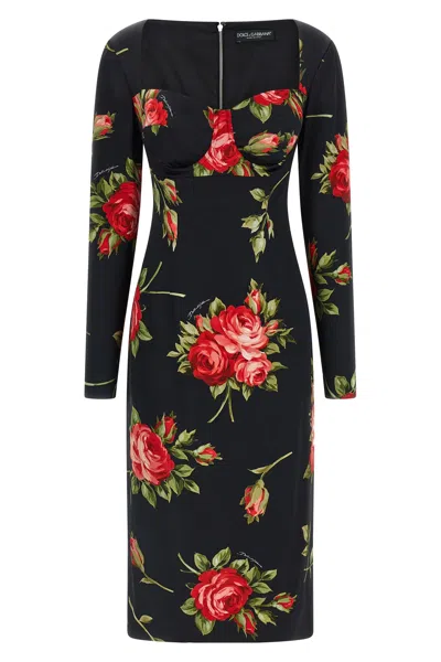 Dolce & Gabbana Rose-print Satin Long-sleeve Midi Dress In Black